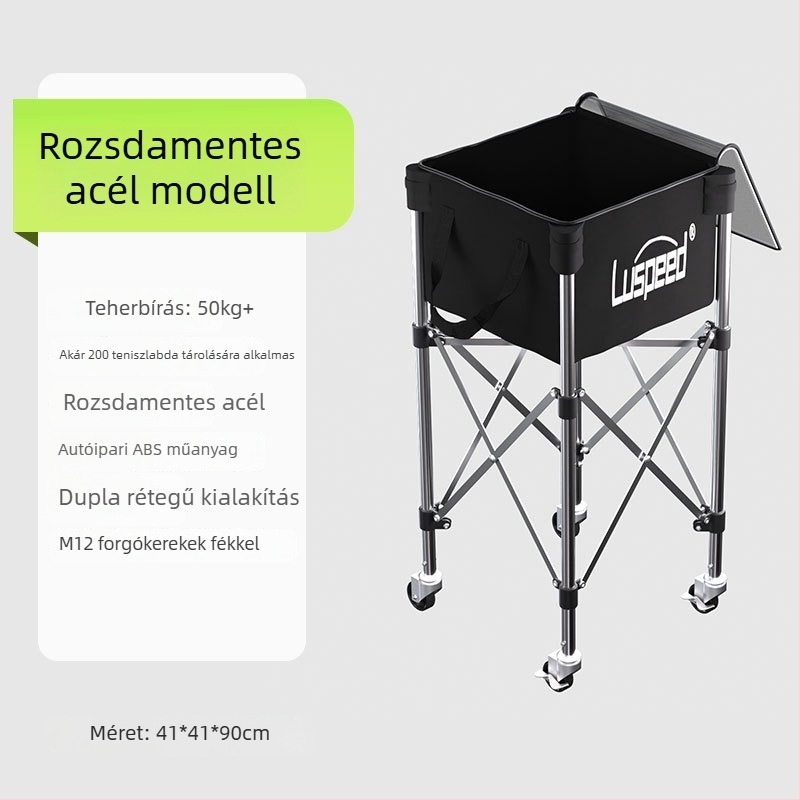 Hordozható tenisz kocsi – magasságállító kivitel, univerzális kerekek, rozsdamentes acél, nagy kapacitás