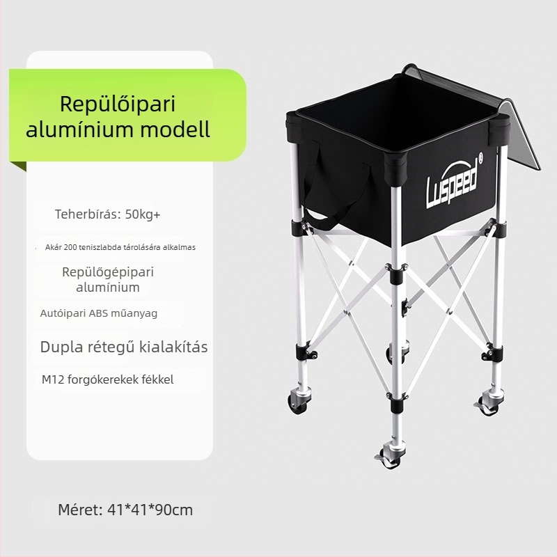 Hordozható tenisz kocsi – magasságállító kivitel, univerzális kerekek, rozsdamentes acél, nagy kapacitás