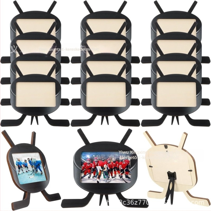 Gömb alakú fotókeret sport témával, faanyagból, asztali bemutató, nyomtatott kivitel, rajzfilm-stílus, személyes ajándék.