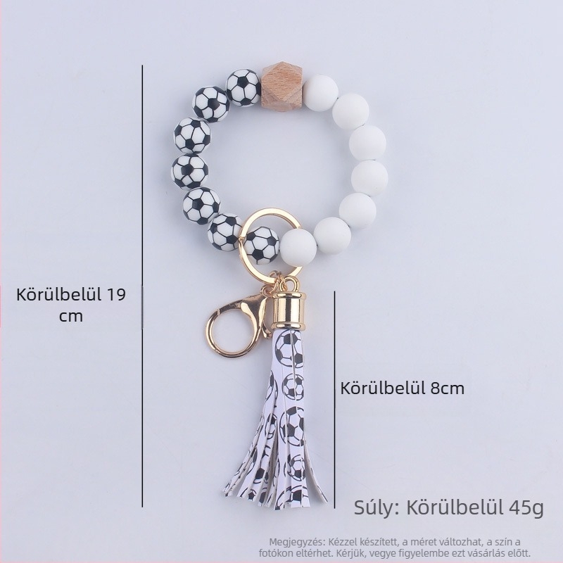 Szilikonból készült kulcstartó karkötő futball-labda alakú gyöngyökkel és PU bőr bojtokkal – DIY női csuklóra