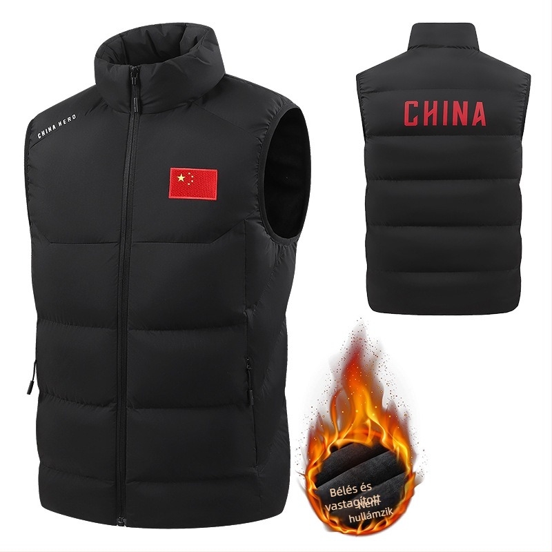 Sportos mellény unisex, meleg down-pamut töltéssel, álló gallér; alkalmas harcművészetekhez, futáshoz és kerékpározáshoz; anyag: kémiai rostok keveréke; bélés: 100% poliészter; évszakok: tél, tavasz, ősz
