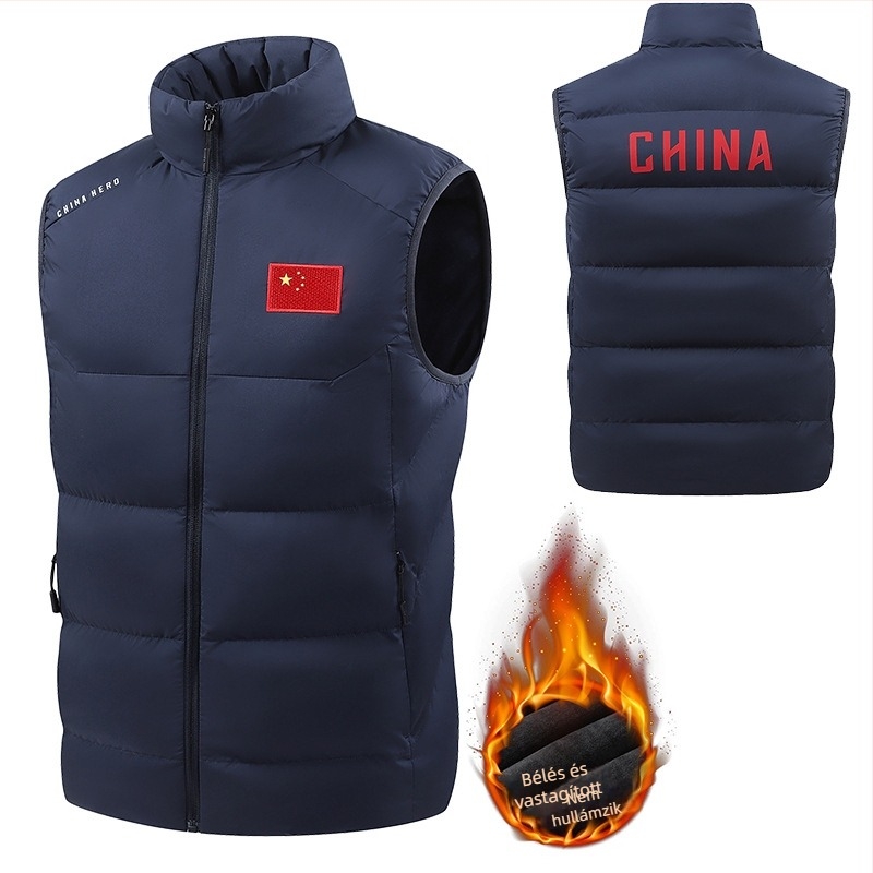 Sportos mellény unisex, meleg down-pamut töltéssel, álló gallér; alkalmas harcművészetekhez, futáshoz és kerékpározáshoz; anyag: kémiai rostok keveréke; bélés: 100% poliészter; évszakok: tél, tavasz, ősz