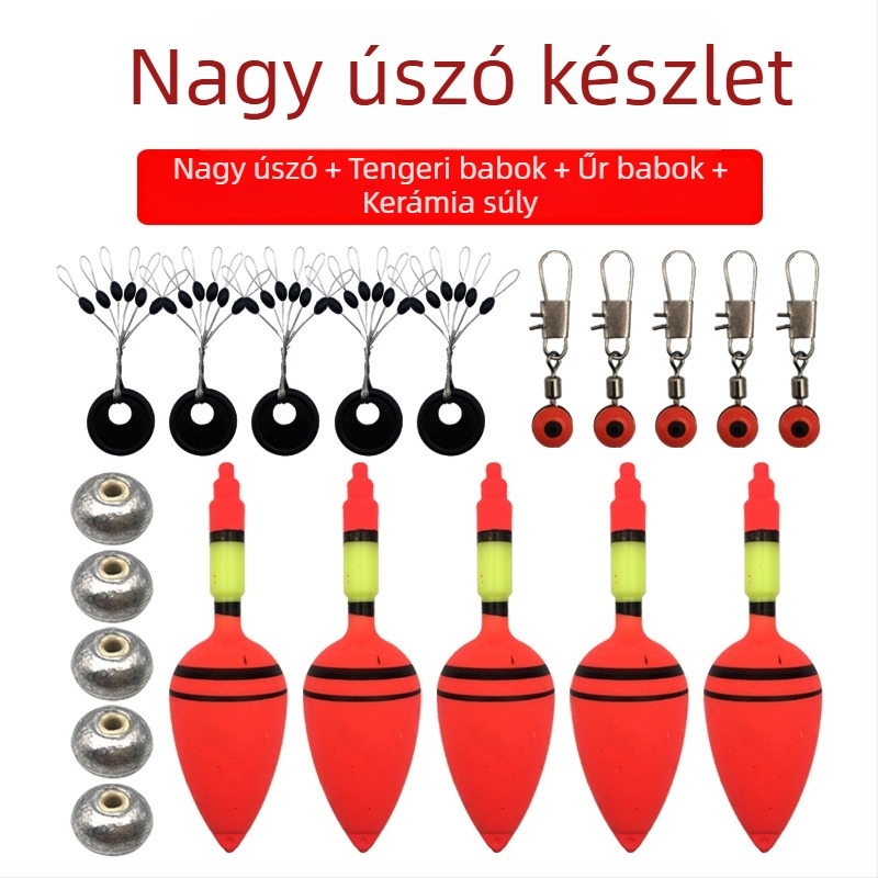 Horgász úszókészlet: nagy hasú úszó, gömb alakú úszó, hosszú dobású úszó, tengeri és sziklához alkalmas, ABO úszó, robbanó horogú úszó, nagyfejű pontyhoz