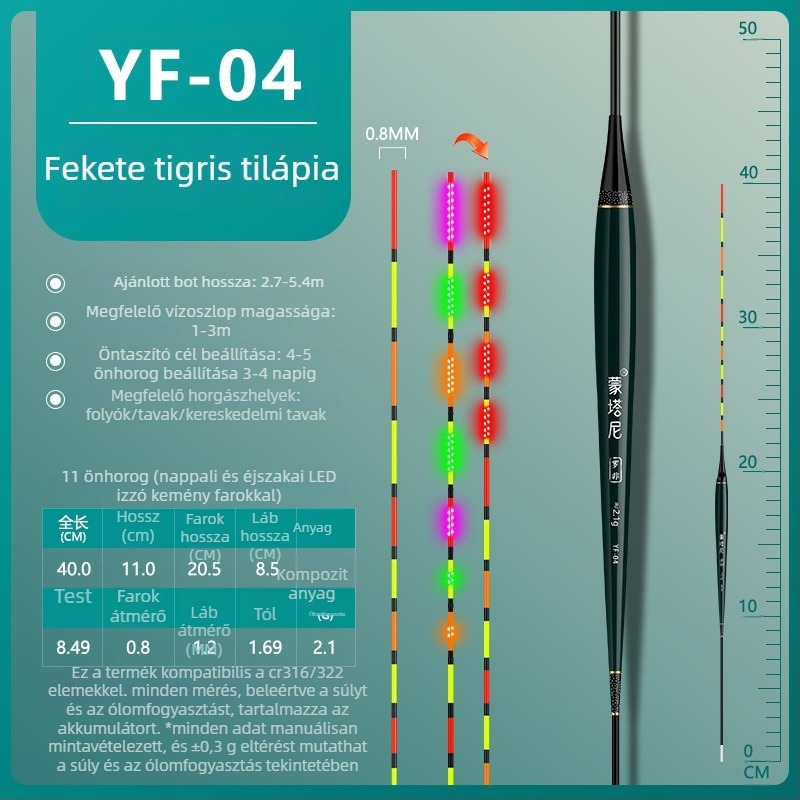 Tilápia LED úszó, színváltó fény, elektronikus harapásjelző, ultra-vékony farok, hosszú test, rövid lábak