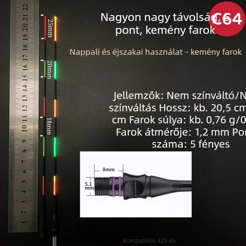 316/425 Hosszított fekete elektronikus úszófarok kiegészítő, 1,2 mm, színváltó horoggal éjszakai karász pecázáshoz, vékony, kemény farok