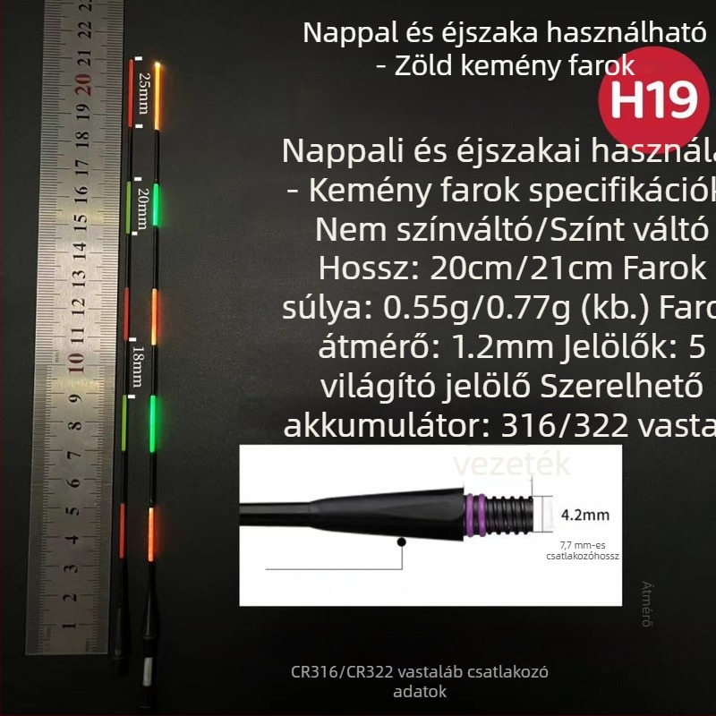 316/425 Hosszított fekete elektronikus úszófarok kiegészítő, 1,2 mm, színváltó horoggal éjszakai karász pecázáshoz, vékony, kemény farok