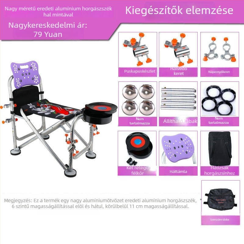 Alumíniumötvözetből készült horgász szék, összecsukható, állítható magasságú, többfunkciós (alumíniumötvözet; összecsukható; állítható magasság)