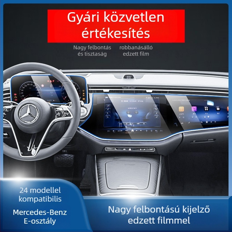 Mercedes-Benz E-Class E260L/E300L központi kezelő- és navigációs kijelző védőfólia – edzett üveg, egy darabos kivitel, karcolásálló, ujjlenyomat-mentes, hőmérséklet-álló