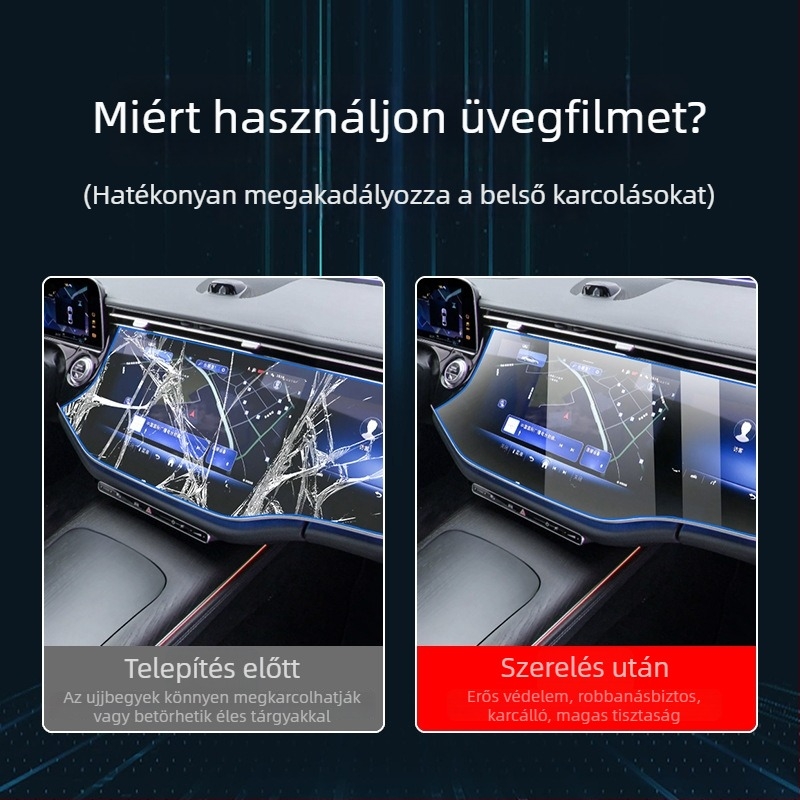 Mercedes-Benz E-Class E260L/E300L központi kezelő- és navigációs kijelző védőfólia – edzett üveg, egy darabos kivitel, karcolásálló, ujjlenyomat-mentes, hőmérséklet-álló