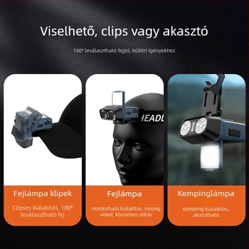 LED fejlámpa, fejre rögzíthető kültéri világítás, újratölthető, 10W, 1500mAh akkumulátor, hatótáv 100–200 m