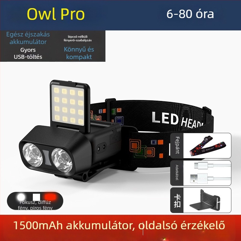 LED fejlámpa, fejre rögzíthető kültéri világítás, újratölthető, 10W, 1500mAh akkumulátor, hatótáv 100–200 m