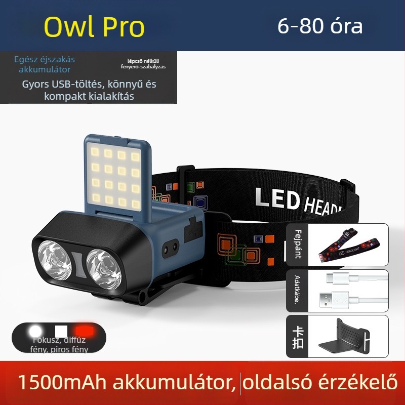 LED fejlámpa, fejre rögzíthető kültéri világítás, újratölthető, 10W, 1500mAh akkumulátor, hatótáv 100–200 m