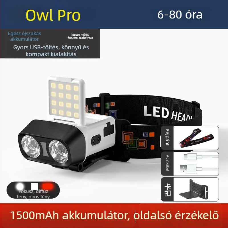 LED fejlámpa, fejre rögzíthető kültéri világítás, újratölthető, 10W, 1500mAh akkumulátor, hatótáv 100–200 m