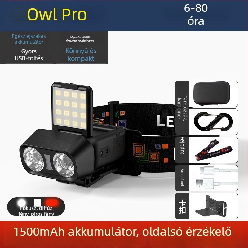 LED fejlámpa, fejre rögzíthető kültéri világítás, újratölthető, 10W, 1500mAh akkumulátor, hatótáv 100–200 m