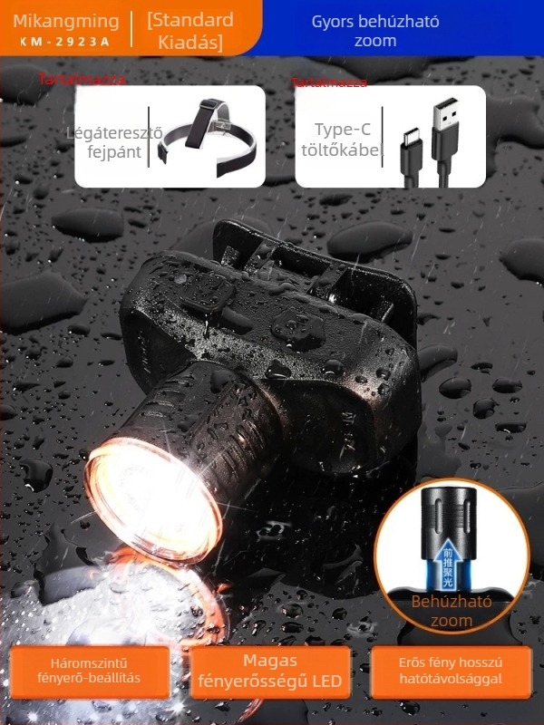 Fejretes LED lámpa horgászathoz, újratölthető, 5W, 3000mAh, zoom, 200–500 m hatótávolság