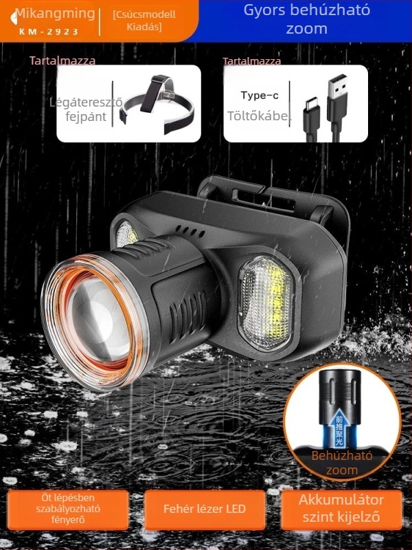 Fejretes LED lámpa horgászathoz, újratölthető, 5W, 3000mAh, zoom, 200–500 m hatótávolság