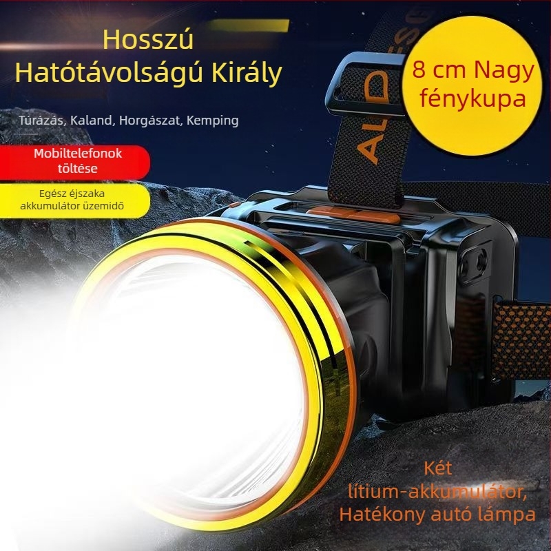 Fejlámpa kültéri használatra, LED‑es, 1200mAh, 30W, 360° forgás, kézi hajtás