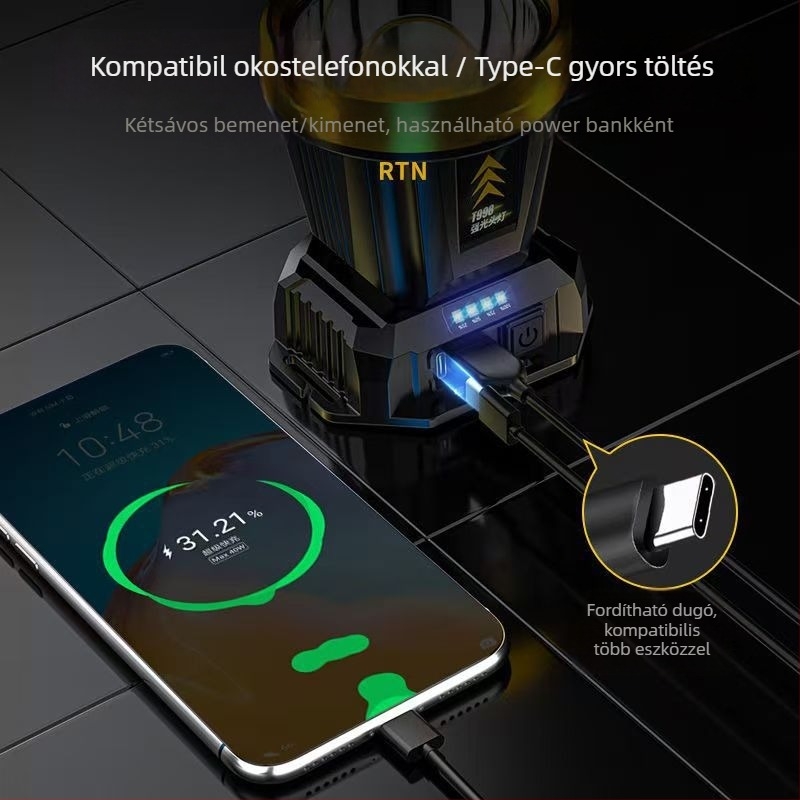 Fejlámpa kültéri használatra, LED‑es, 1200mAh, 30W, 360° forgás, kézi hajtás