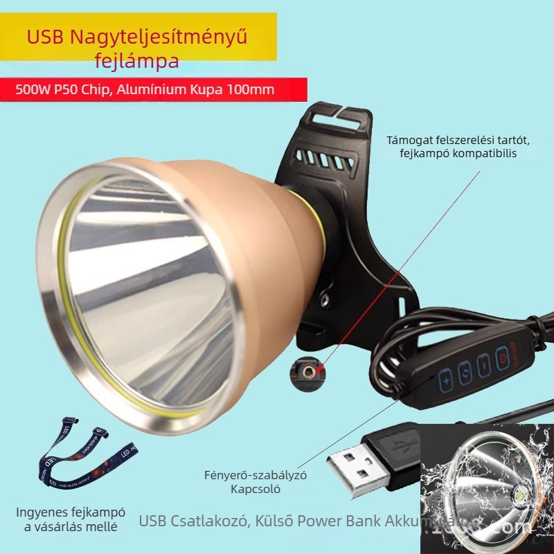 LED fejlámpa, USB-töltéses, 5V, fejre szerelhető, hatótáv ≥500 m, üzemidő 8 óra, ideális éjszakai horgászathoz és túrázáshoz