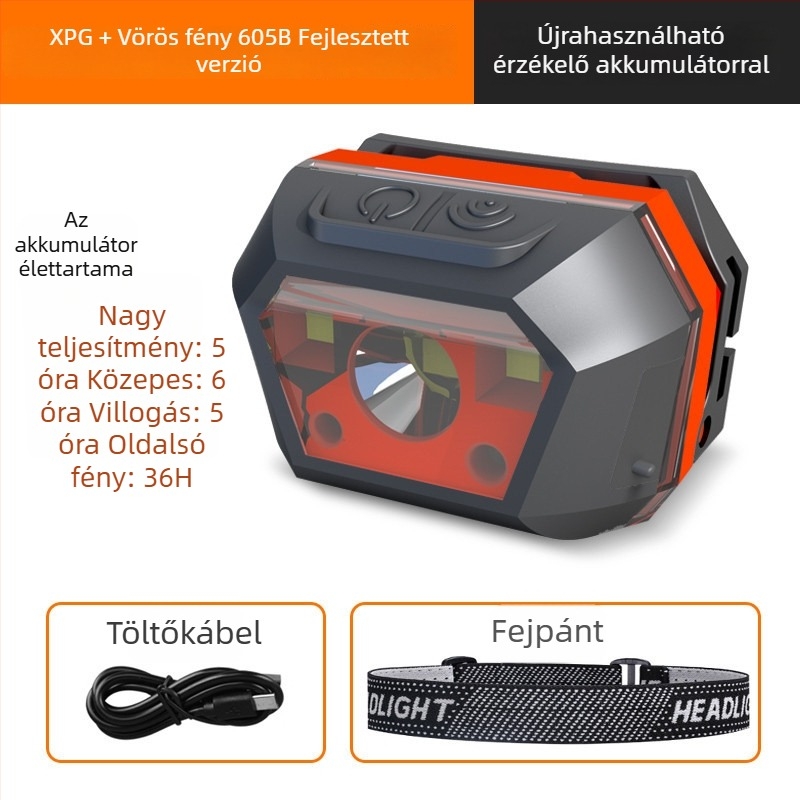 LED fejlámpa USB töltéssel, vízálló, kültéri kempingezéshez, fénysugár 0–200 m, üzemidő 3–6 óra