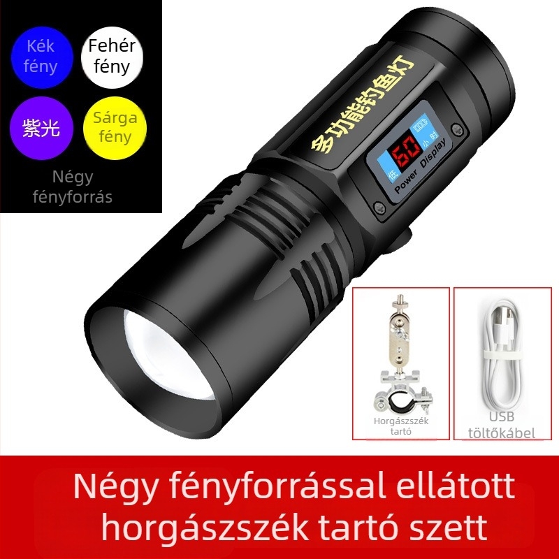 LED újratölthető éjszakai horgászlámpa, 360° forgás, 5000 mAh akkumulátor, 100–200 m hatótáv, kézi hajtás