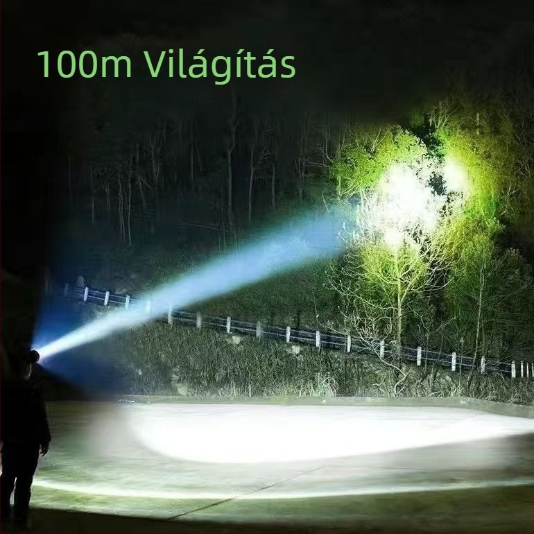 LED fejlámpa újratölthető, akkumulátor kapacitása 6000, teljesítmény 20000, vízálló, hatótáv 500 m+