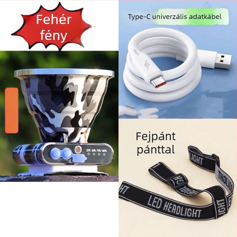 LED fejlámpa újratölthető, akkumulátor kapacitása 6000, teljesítmény 20000, vízálló, hatótáv 500 m+
