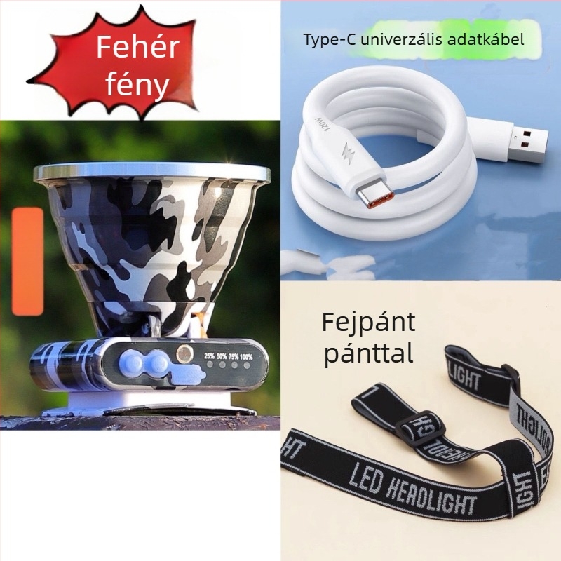 LED fejlámpa újratölthető, akkumulátor kapacitása 6000, teljesítmény 20000, vízálló, hatótáv 500 m+