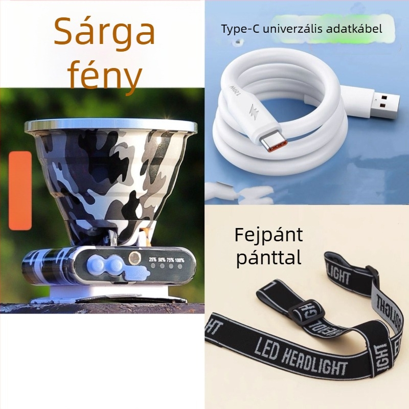 LED fejlámpa újratölthető, akkumulátor kapacitása 6000, teljesítmény 20000, vízálló, hatótáv 500 m+