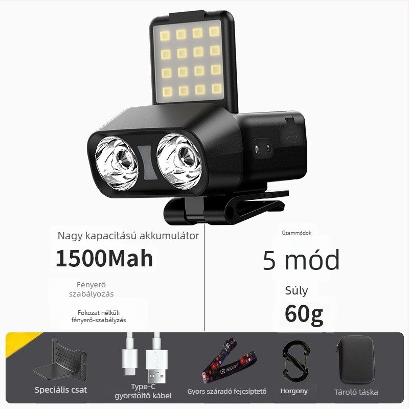 LED fejlámpa 10W, 1500mAh, újratölthető, 100–200 m hatótávolság a kempinghez és éjszakai horgászathoz