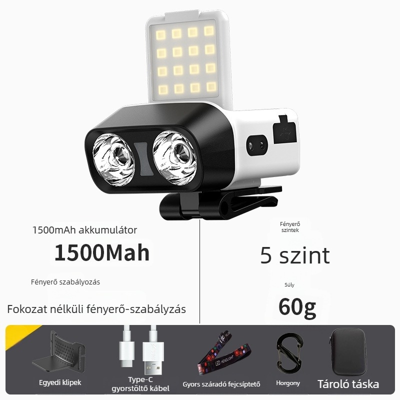 LED fejlámpa 10W, 1500mAh, újratölthető, 100–200 m hatótávolság a kempinghez és éjszakai horgászathoz