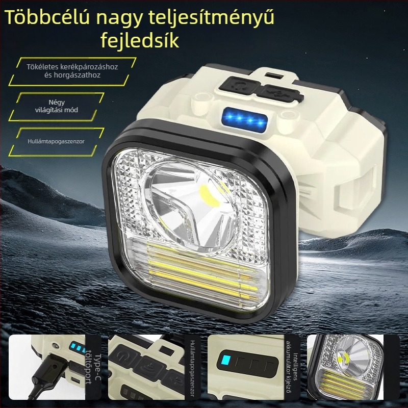Indukciós fejlámpa, 1200mAh akkumulátor, LED + izzó, fejre rögzíthető kerékpáros fény, kültéri túrák és éjszakai horgászat, fénysugár 50–100 m