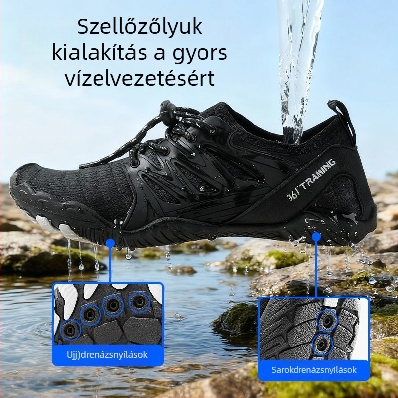 Folyómenti túracipő, csúszásmentes, vászon felsőrész, PVC talp, alacsony felső rész