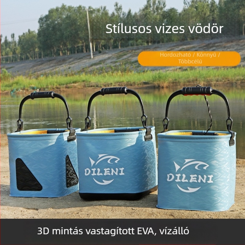 Összecsukható EVA anyagú halászati vödör hálóval és kötéllel élő halak tárolására