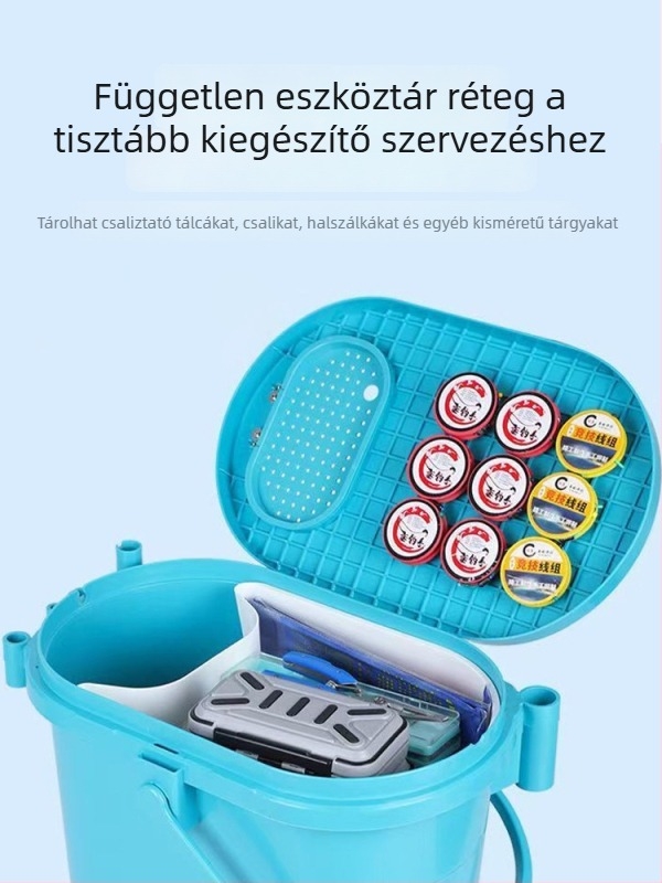 Többcélú horgászvödör húzható csaliválasztó tálcával, ovális alakú, vastag kemény burkolat, műanyag, 1,6 kg