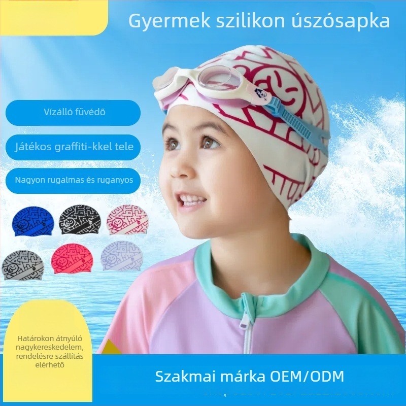 Gyerekeknek szóló szilikon úszósapka absztrakt mintával, vízálló, fülvédő
