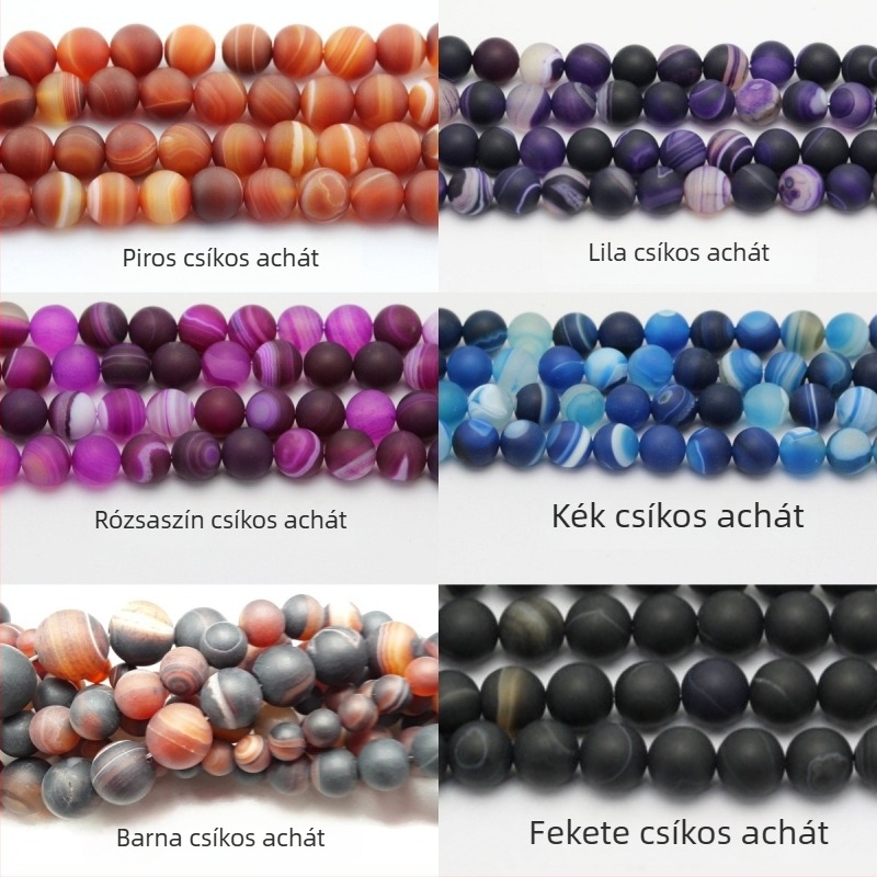 Gyöngyök – csíkos achát, matt felületű, kerek formájú gyöngyök, márka Kelingna/YMJ, mintázat nélkül