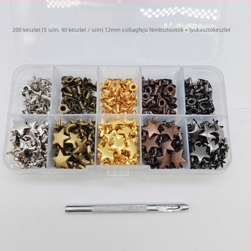 Bőrökhöz való fém obvoid készlet: csillag- és pentagrammotívumú fejcsapok; üreges szegecs; tartozékok gombhoz