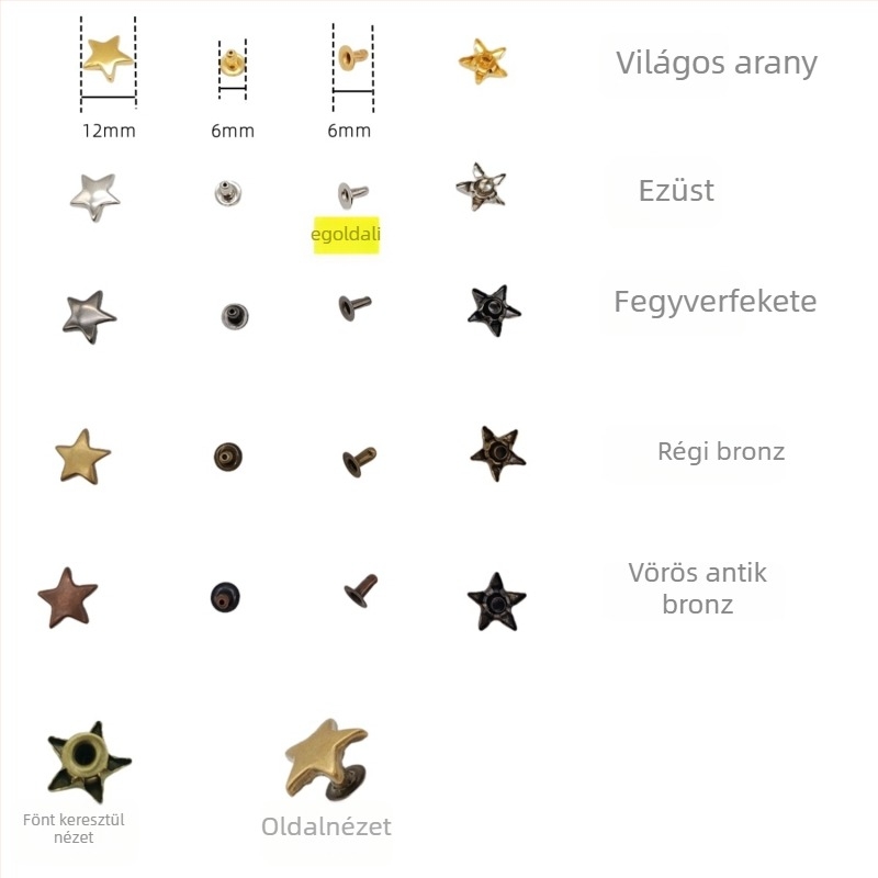 Bőrökhöz való fém obvoid készlet: csillag- és pentagrammotívumú fejcsapok; üreges szegecs; tartozékok gombhoz