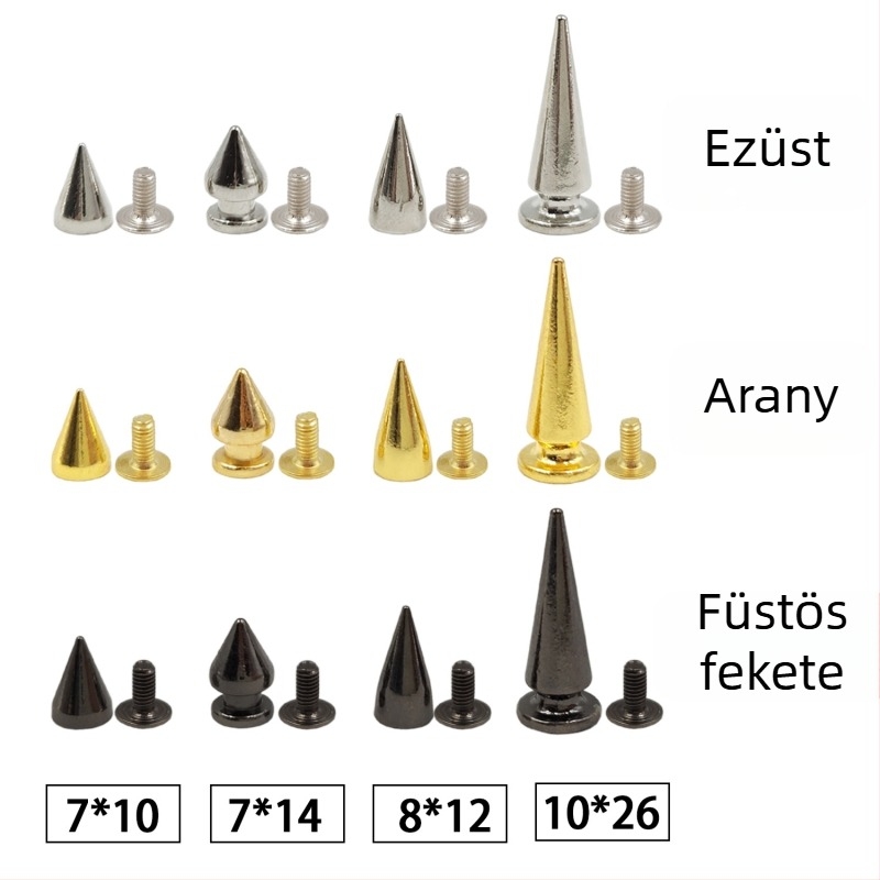 Fém szegecs készlet — golyófejű, konikus, dekoratív punk szegecsek kabátokra, farmerokra, kalapokra, övekre, táskákra (Huafei)