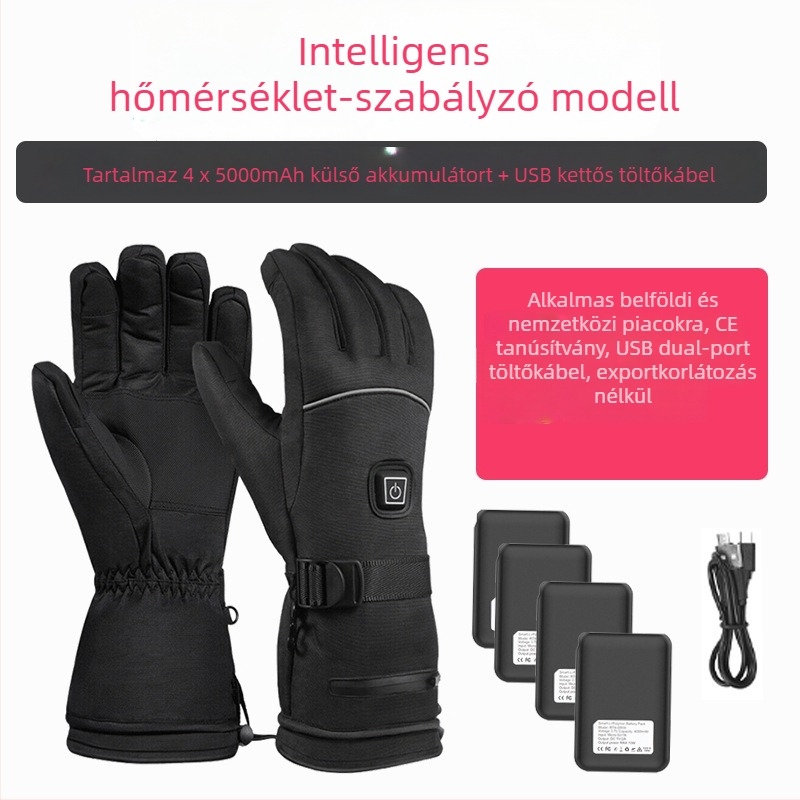 Síkesztyűk lítiumakkumulátoros fűtéssel, teljes ujj- és tenyérfűtés, vízálló nejlon bélés pamuttal, felnőttek, uniszex