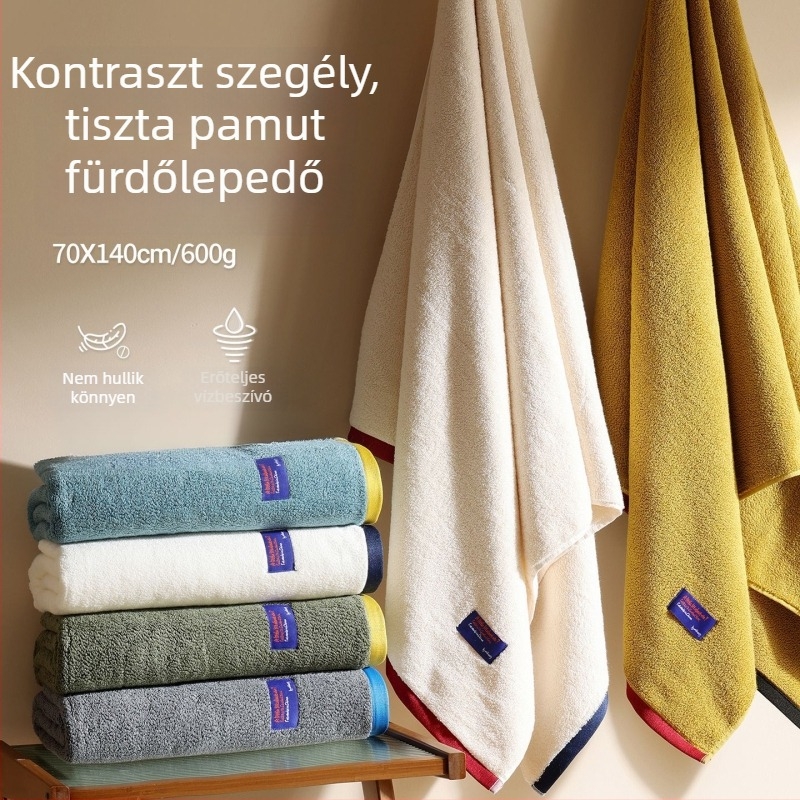 100% pamutból készült vastagabb fürdőlepedő kontrasztos szegéllyel, antibakteriális és nagyon nedvszívó, a test teljes befedésére
