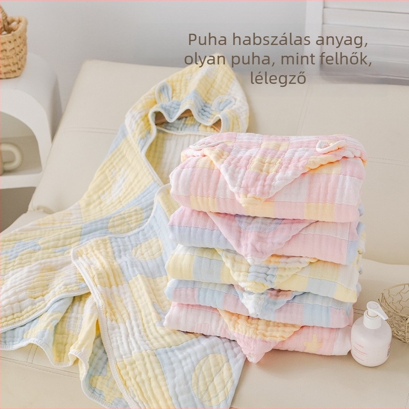 Gyerekeknek készült géz fürdőlepedő kapucnival, jacquard, 300–400 g