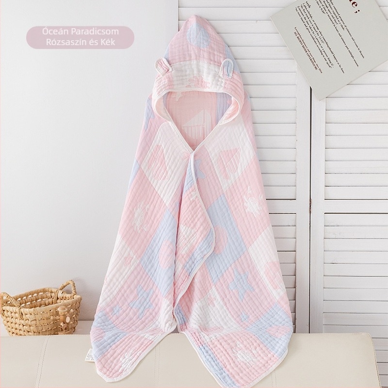 Gyerekeknek készült géz fürdőlepedő kapucnival, jacquard, 300–400 g