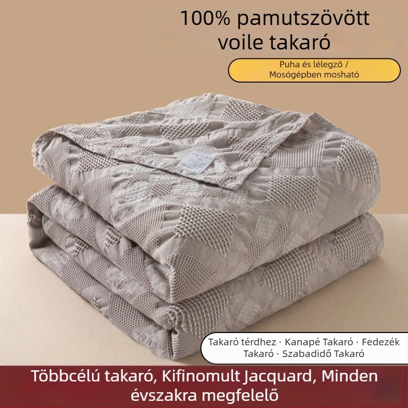 Pamut géz törölköző takaró hollow jacquard szövésével; reaktív színezésű; tavasz- és őszre; súly 0.55–1.0 kg; egyszerű, modern stílus.