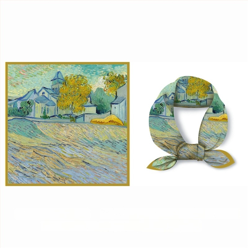 Poliészter négyszögletes sál Van Gogh olajkép nyomtatással, vintage irodalmi stílus, warp szövés, egész éves viselet