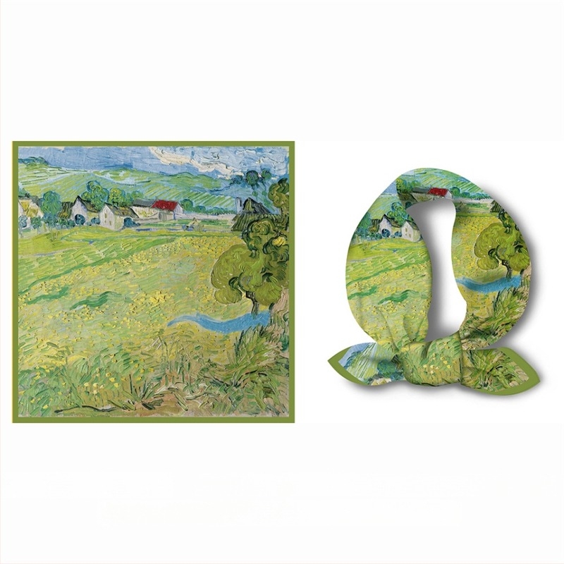 Poliészter négyszögletes sál Van Gogh olajkép nyomtatással, vintage irodalmi stílus, warp szövés, egész éves viselet