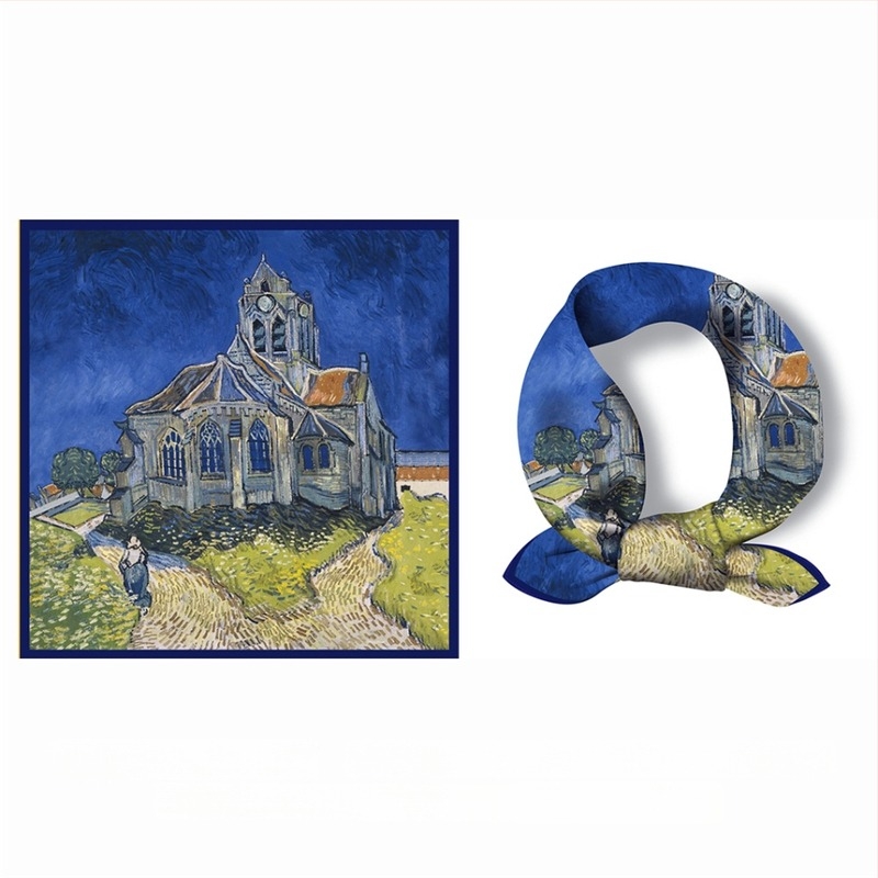 Poliészter négyszögletes sál Van Gogh olajkép nyomtatással, vintage irodalmi stílus, warp szövés, egész éves viselet
