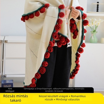 Rózsa csokor mintájú takaró – kézzel kötött akril szálas takaró, ajándék a barátnőnek