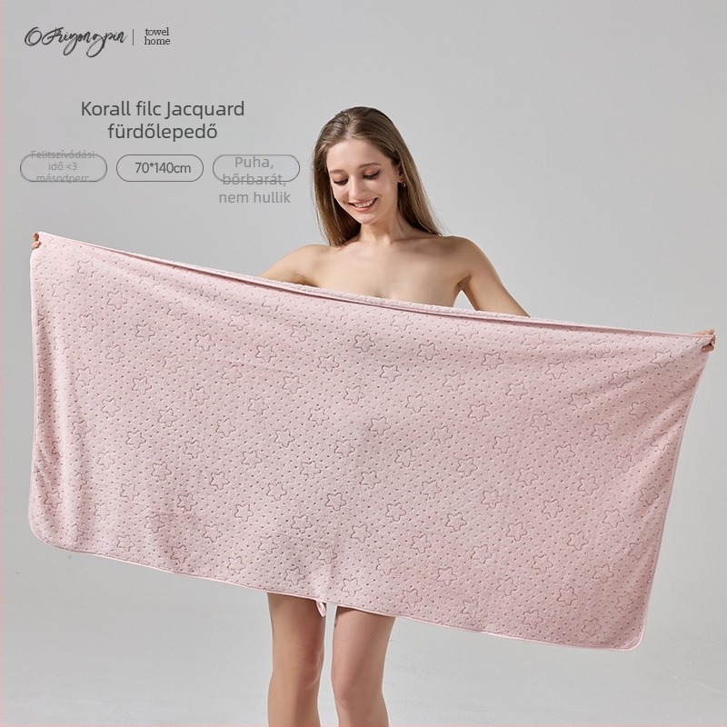 Ouf korallvelúr fürdőtörölköző-készlet, csillagos Jacquard minta, 150D, 320 g, varrt szegéllyel